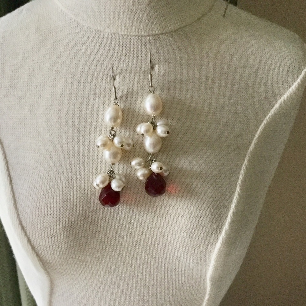 Sterling Pearl & Red Crystal Dangle Earrings